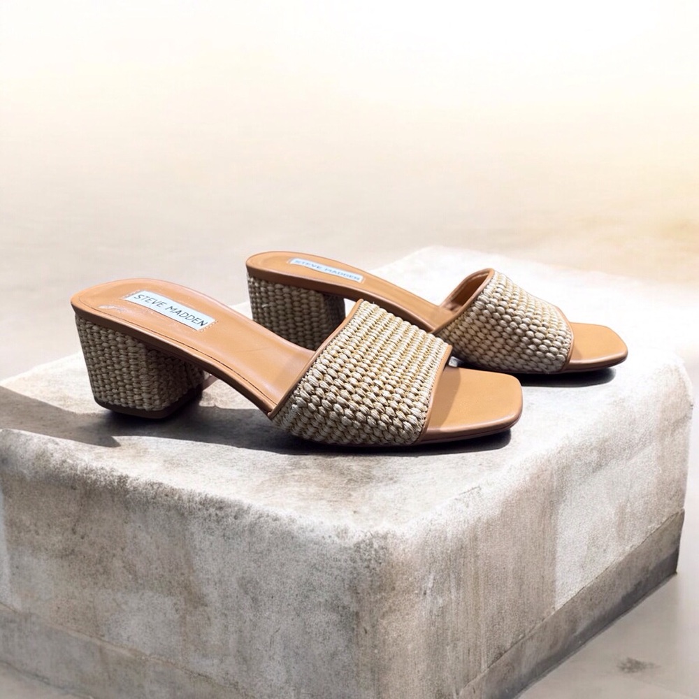 Steve Madden Woven Tan Block Heel Mules 8